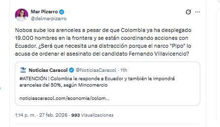 La congresista María del Mar Pizarro expuso crítica hacia Daniel Noboa por imposición de aranceles a Colombia - crédito @delmarpizarro/X