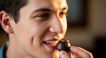 Primer plano de un joven llevando un bombón de chocolate a su boca, con una expresión de placer. Su perfil está iluminado, y el fondo desenfocado.