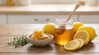 Frasco de miel con cucharón, panal en cuenco, limones enteros y en rodajas, y ramita de tomillo sobre una mesa de madera, con fondo de cocina borroso.