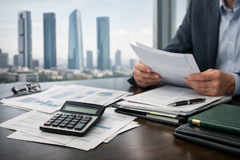 Primer plano de un escritorio de oficina con documentos financieros, una calculadora, unas gafas y una pluma, mientras una persona revisa papeles frente a una ventana con rascacielos.
