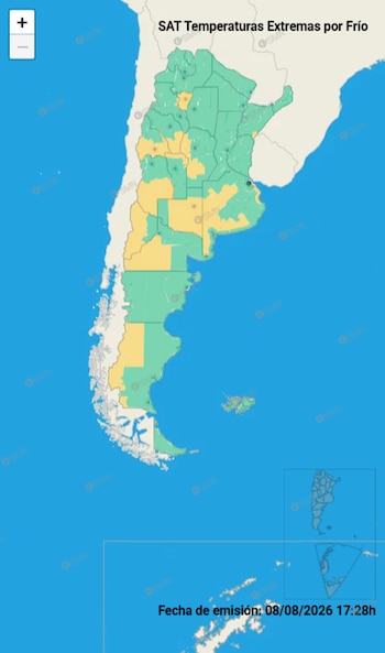 Mapa de Argentina con divisiones provinciales, zonas coloreadas en verde y amarillo, rótulo de temperaturas extremas por frío y fecha de emisión 08/08/2026