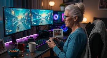 Una mujer mayor con cabello gris y gafas rojas juega a un videojuego con un mando, frente a dos monitores con luces LED, junto a bebidas y snacks.