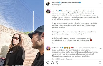 Primer plano de Karen Schwarz, con gafas de sol y cabello castaño, junto a Ezio Oliva, quien lleva una gorra, al aire libre con una pared de ladrillos y una valla de red