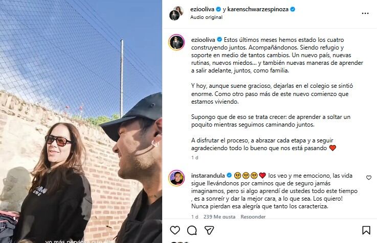 Karen Schwarz y Ezio Oliva muestran su emoción al dejar a sus hijas en su nuevo colegio en España, un momento agridulce en su nueva vida en el extranjero.