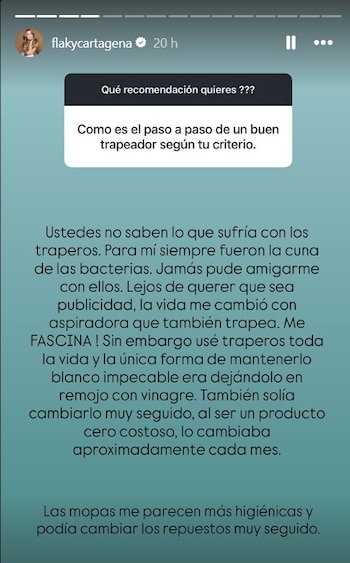 Vinagre, mopas y repuestos: las claves de Mabel Cartagena para que la limpieza del hogar sea más higiénica - crédito @flakycartagena/IG