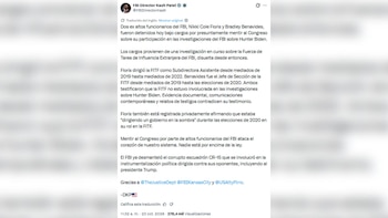 Captura de pantalla de una publicación en redes sociales con texto en español atribuida a la cuenta de Kash Patel sobre exmiembros del FBI