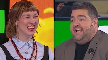 Dos imágenes contiguas con una mujer sonriente a la izquierda y el presentador Darío Barassi a la derecha.
