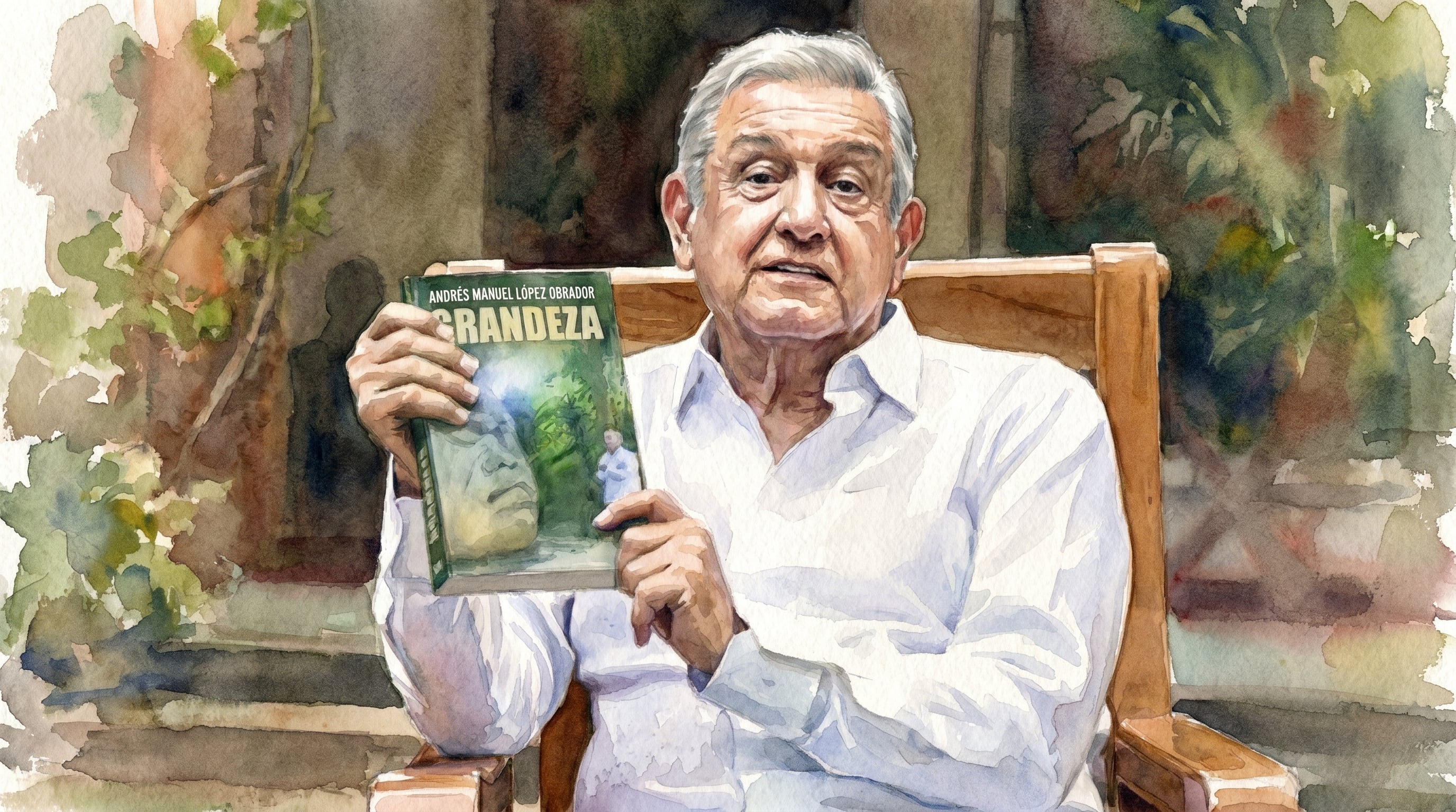 Andrés Manuel López Obrador, retratado en acuarela realista, presenta su libro