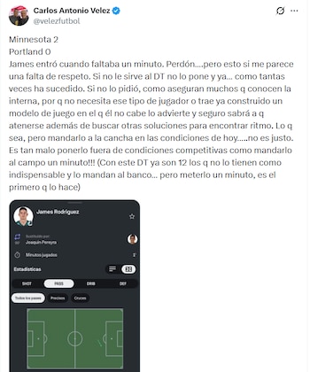 Post de Carlos Antonio Vélez sobre la situación de James Rodríguez en el Minnesota United - crédito X/@VelezFutbol