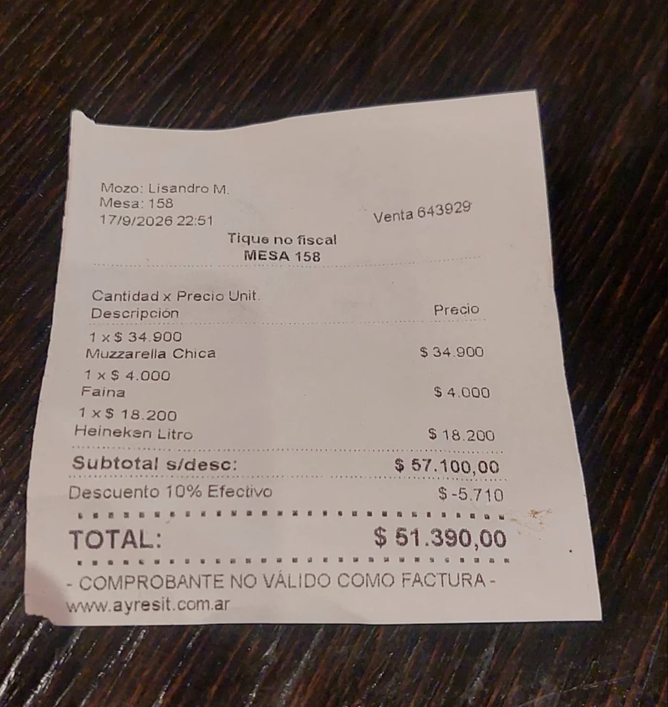 El ticket de Güerrín registró un subtotal de $57.100 por los tres productos.