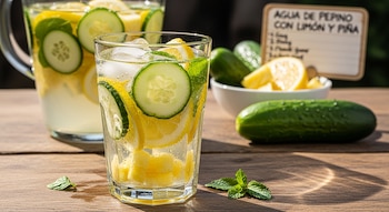 Un vaso de agua con hielo, rodajas de pepino y limón, y trozos de piña, junto a una jarra, pepinos, limones y piña fresca, y una pizarra con receta, en madera.