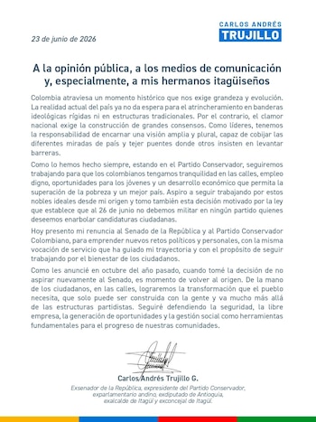 La renuncia de Carlos Andrés Trujillo volvió a impulsar la posibilidad de una candidatura a la Alcaldía de Itagüí, en Antioquia - crédito X