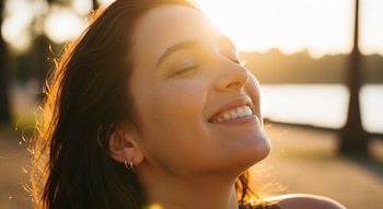 Primer plano de una mujer con los ojos cerrados y una sonrisa, bañada por la luz dorada del sol, con su cabello oscuro resaltado por el brillo.