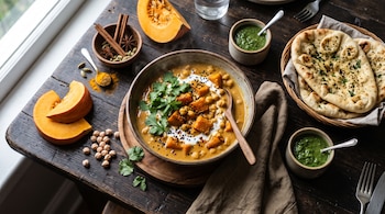 Cuenco con curry de calabaza, garbanzos y cilantro, junto a trozos de calabaza, especias, salsas verdes y pan plano sobre una mesa de madera.