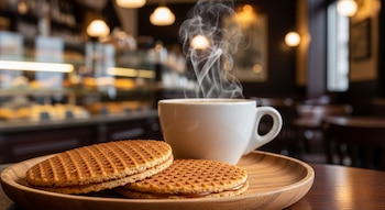 Primer plano de dos stroopwafels en un plato de madera junto a una taza de café humeante, con el interior borroso de una cafetería de fondo.