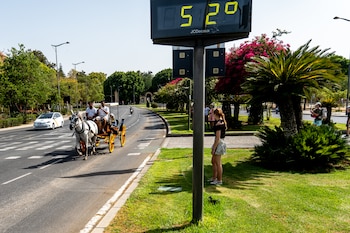 Un coche de caballos pasea por el centro de Sevilla en plena ola de calor, con un termómetro que marca 52 grados, a 07 de agosto del 2023 en Sevilla (Andalucía, España). (Eduardo Briones/Europa Press)