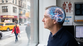 Hombre de perfil mirando por una ventana hacia una calle con tráfico y peatones; sobre su cabeza se proyecta un cerebro transparente con conexiones neuronales azules y naranjas.