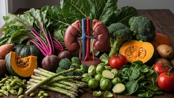 Maqueta anatómica de riñones junto a calabazas, coles de Bruselas, brócoli, remolachas, tomates, espárragos y hojas verdes sobre una mesa