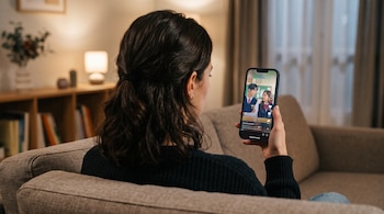 Vista posterior de una mujer que sostiene un teléfono inteligente vertical con un video de dos jóvenes con uniforme escolar en pantalla.