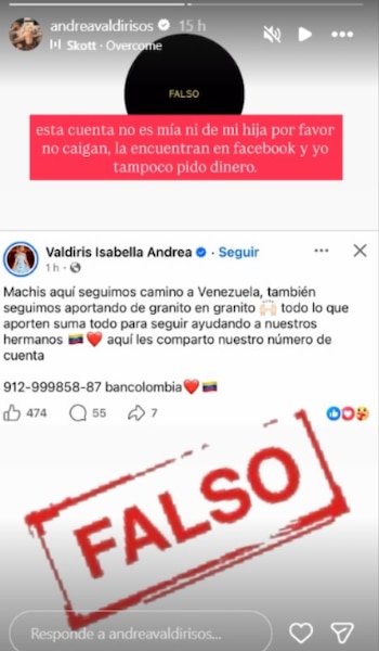 Publicó una captura de pantalla de una cuenta falsa de Facebook que utilizaba su nombre y el de su hija para pedir dinero a través de consignaciones bancarias -crédito @andreavaldirisos/ Instagram