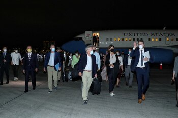 Members of the U.S. delegation arrive at Taipei Songshan airport in Taipei, Taiwan April 14, 2022. Taiwan Ministry of Foreign Affairs/Handout via REUTERS ATTENTION EDITORS - THIS IMAGE WAS PROVIDED BY A THIRD PARTY. NO RESALES. NO ARCHIVES.