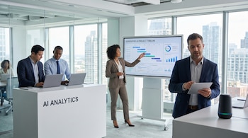 Cuatro empresarios en una oficina luminosa con grandes ventanales; una mujer señala gráficos de IA en una pantalla, dos hombres usan laptops y otro usa una tablet.