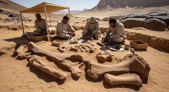 Cuatro hombres trabajan en una excavación paleontológica, limpiando huesos fósiles parcialmente expuestos en la arena del desierto bajo un toldo. Hay pinceles y cajas.