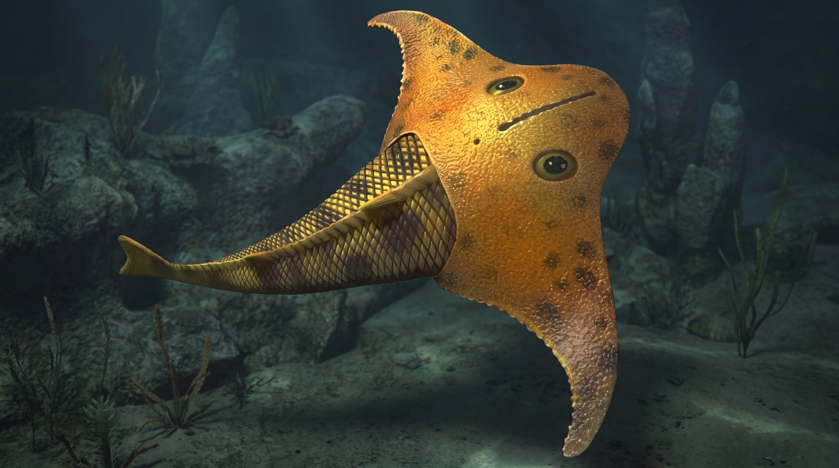 Las simulaciones de dinámica de fluidos mostraron que la cabeza de Bataspis crux actuaba como una superficie hidrodinámica para mejorar el desplazamiento (Imagen Ilustrativa Infobae)