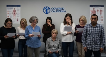 Grupo de personas diversas de pie y sentadas en una sala de espera moderna, algunas leyendo documentos. Se ve el logo de Covered California y carteles médicos en la pared.
