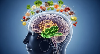 Ilustración de una cabeza humana en corte sagital con cerebro detallado, mostrando áreas iluminadas en verde y dorado, y una órbita de alimentos frescos.