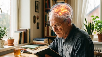 Un hombre mayor con gafas lee un libro en un interior luminoso. Sobre su cabeza, una imagen superpuesta de un cerebro brillante. Hay plantas y libros cerca