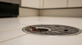Cucaracha marrón y beige con antenas largas, emergiendo de una coladera metálica circular en un piso de baldosas claras.