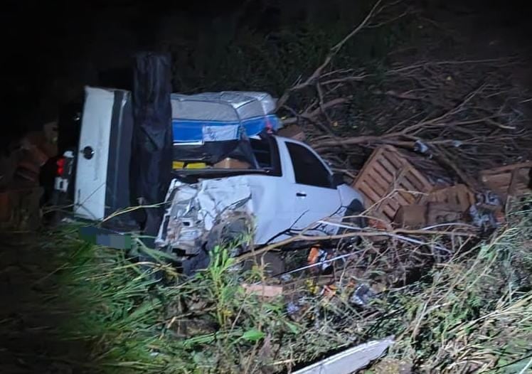 Una camioneta con la parte trasera destrozada yace entre escombros y ramas