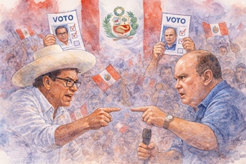 Ilustración en acuarela de Roberto Sánchez con sombrero y Rafael López Aliaga, señalándose. Fondo con bandera de Perú, papeletas de voto y multitud.