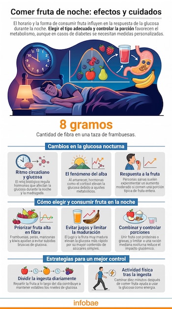 Infografía con una persona durmiendo, frutas variadas, un vaso de jugo, un estómago, gráficos de glucosa, un reloj y paneles de texto explicativos.