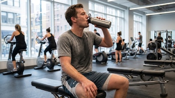 Hombre sudoroso con camiseta gris sentado en un banco de gimnasio, bebiendo de una botella de metal. Otros deportistas y máquinas de ejercicio al fondo.