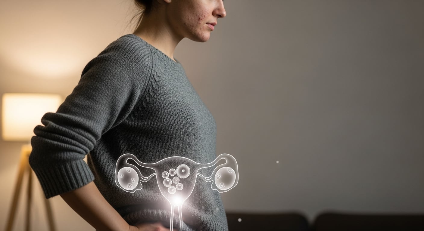 Una mujer con acné facial muestra una ilustración digital superpuesta de ovarios con quistes, representando el impacto del síndrome de ovario poliquístico en la salud femenina. (Imagen Ilustrativa Infobae)