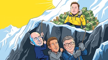 Caricatura de Jeff Bezos, Mark Zuckerberg y Bill Gates escalando una montaña hacia Elon Musk, rodeado de fajos de billetes y monedas.