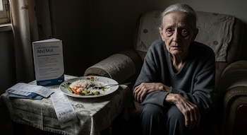Una anciana de cabello gris y rostro arrugado mira al frente, sentada en un sillón junto a una mesa. Hay un folleto "Understanding Anemia" y un plato de comida.