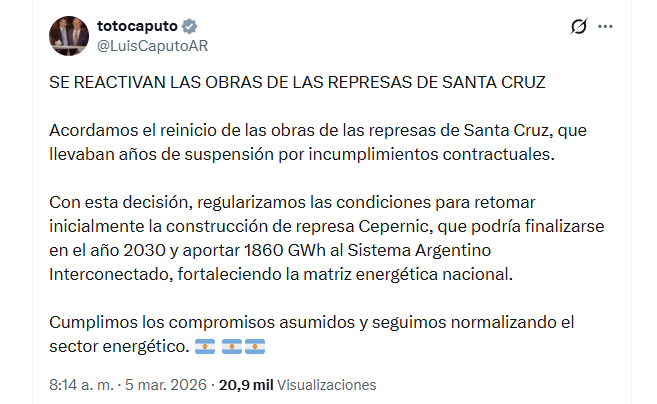 El ministro de Economía, Luis Caputo, anunció en Twitter el reinicio de las obras de las represas de Santa Cruz, un proyecto suspendido por incumplimientos contractuales y clave para la matriz energética nacional. (@LuisCaputoAR)