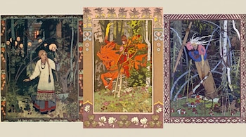 Tres ilustraciones enmarcadas de Ivan Bilibin: una mujer en bosque oscuro con cráneos, un caballero a caballo de fuego y una bruja en bosque con escoba y mortero.