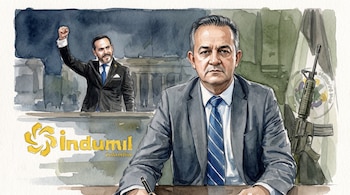 Ilustración de Juan Carlos Mazo Giraldo en primer plano y Abelardo de la Espriella levantando un puño al fondo, con logo de Indumil y un fusil Jaguar.