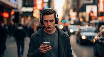 Un hombre joven camina por una calle concurrida, mirando su teléfono inteligente y usando auriculares. El fondo de la ciudad está desenfocado.