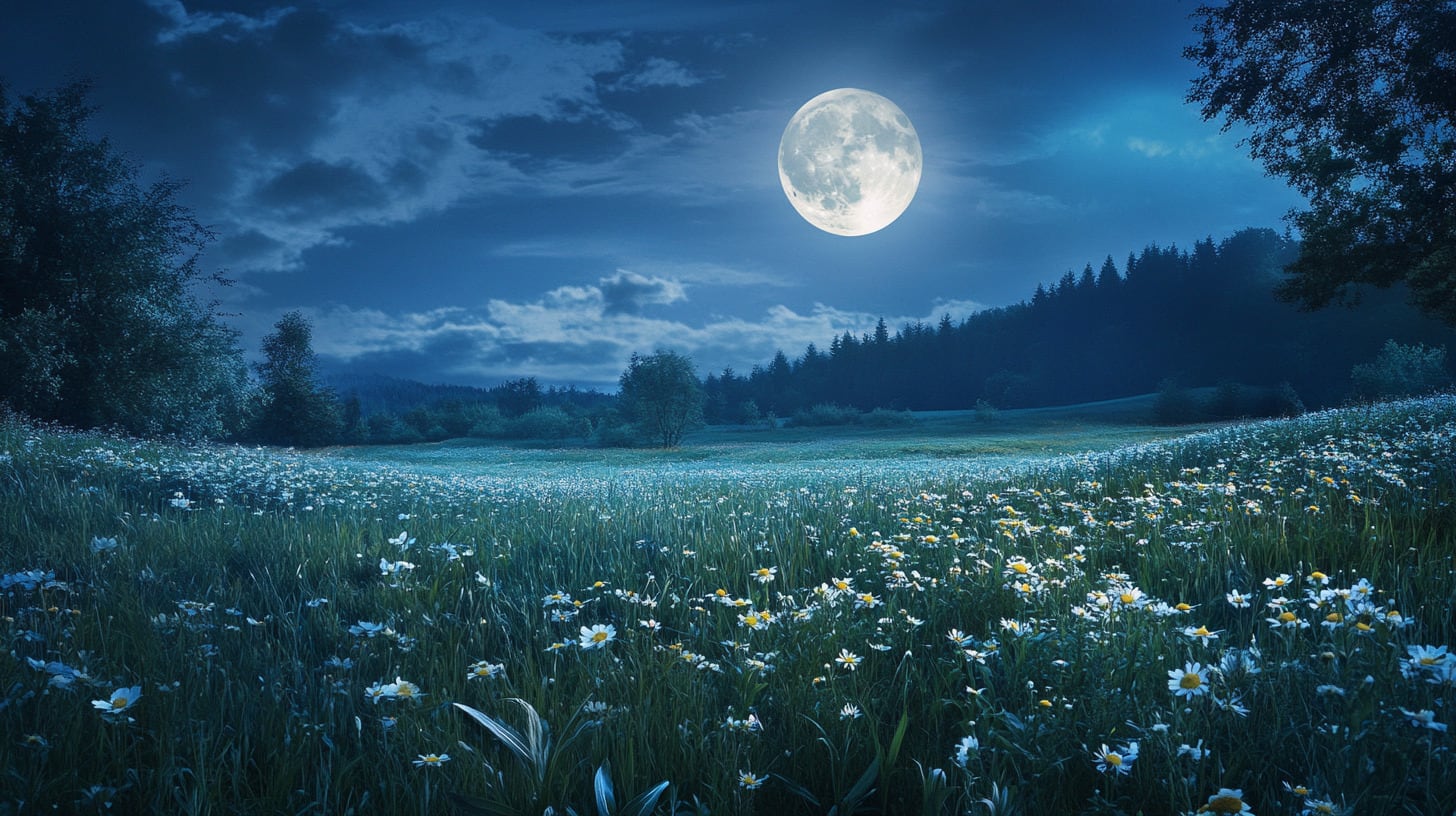 Una noche de luna llena ilumina un campo cubierto de flores, creando un ambiente de paz natural. – (Imagen Ilustrativa Infobae)