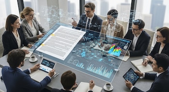 Ocho profesionales en una sala de reuniones con grandes ventanas observan proyecciones de realidad aumentada sobre una mesa, mostrando documentos legales y gráficos de datos.