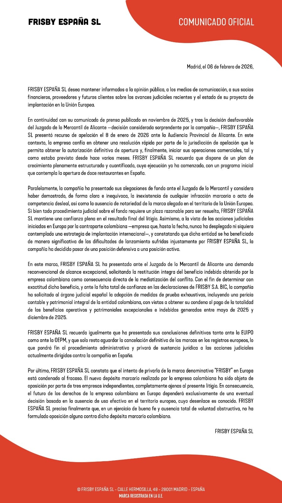 Frisby España anunció la presentación de una demanda reconvencional y reiteró su intención de abrir doce restaurantes en España-crédito Frisby España