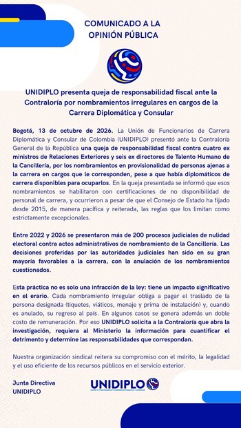 El sindicato reiteró su defensa del mérito, la legalidad y el uso eficiente de los recursos públicos en el servicio exterior colombiano - crédito Unidiplo