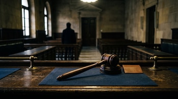 Un mazo de juez de madera sobre un estrado en primer plano y una silueta humana al fondo en una sala de tribunal.