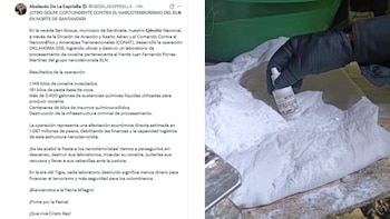 La infraestructura localizada en la vereda San Roque tenía capacidad para producir hasta cuatro toneladas de cocaína al mes, según información oficial - crédito @ABEDELAESPRIELLA/X