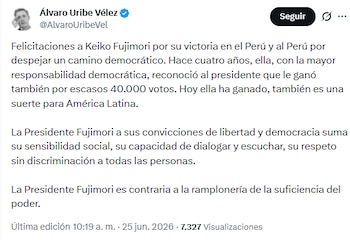 El expresidente de Colombia sostuvo que la llegada de la candidata a la Casa de Pizarro es fundamental para proteger la democracia en América Latina - crédito @AlvaroUribeVel/X